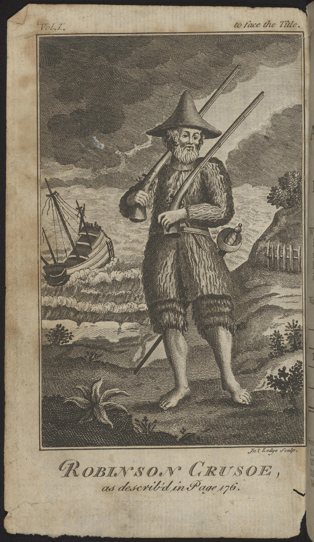 Robinson Crusoe sails into Auckland Libraries real gold case - 1784 Illustration