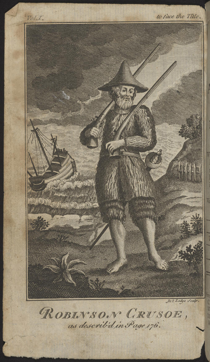 Robinson Crusoe sails into Auckland Libraries real gold case - 1784 Illustration