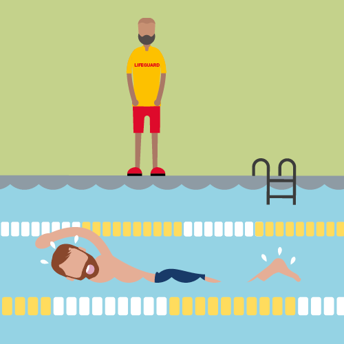 Cartoon image of a lifeguard by a pool.