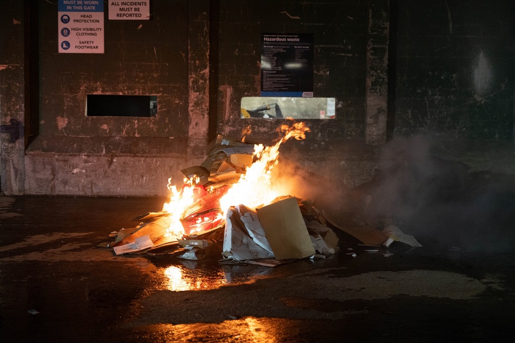 A fire caused by batteries disposed of in the wrong way.
