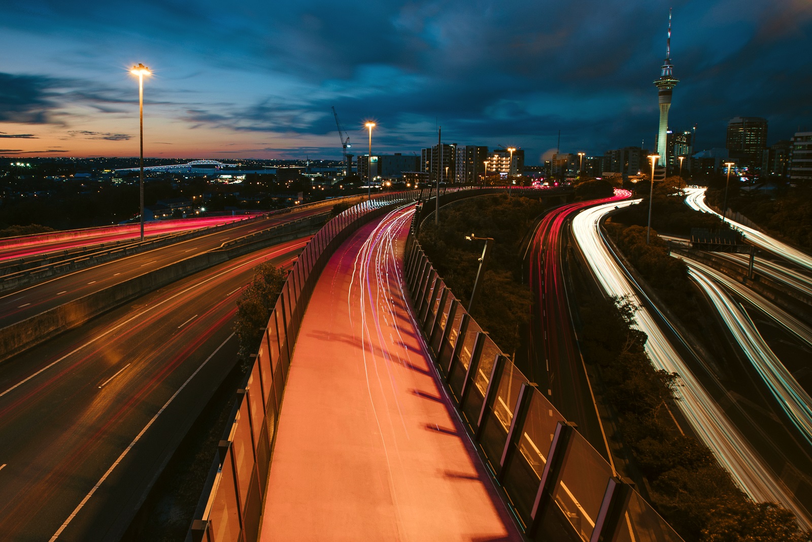 A blurred image of a light path in a urban environment,
