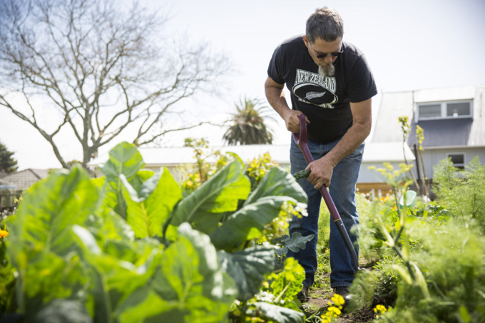 A man planting in the garden.