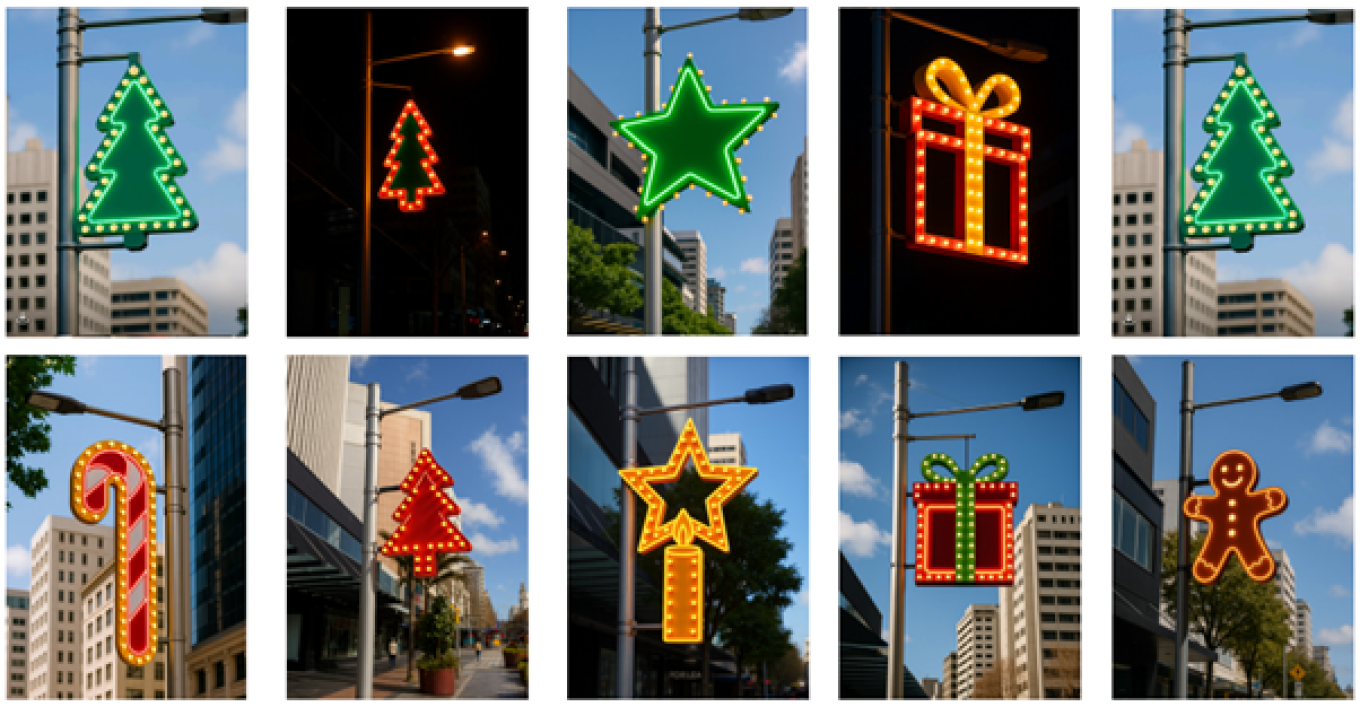 Christmas themed neon lamp posts.