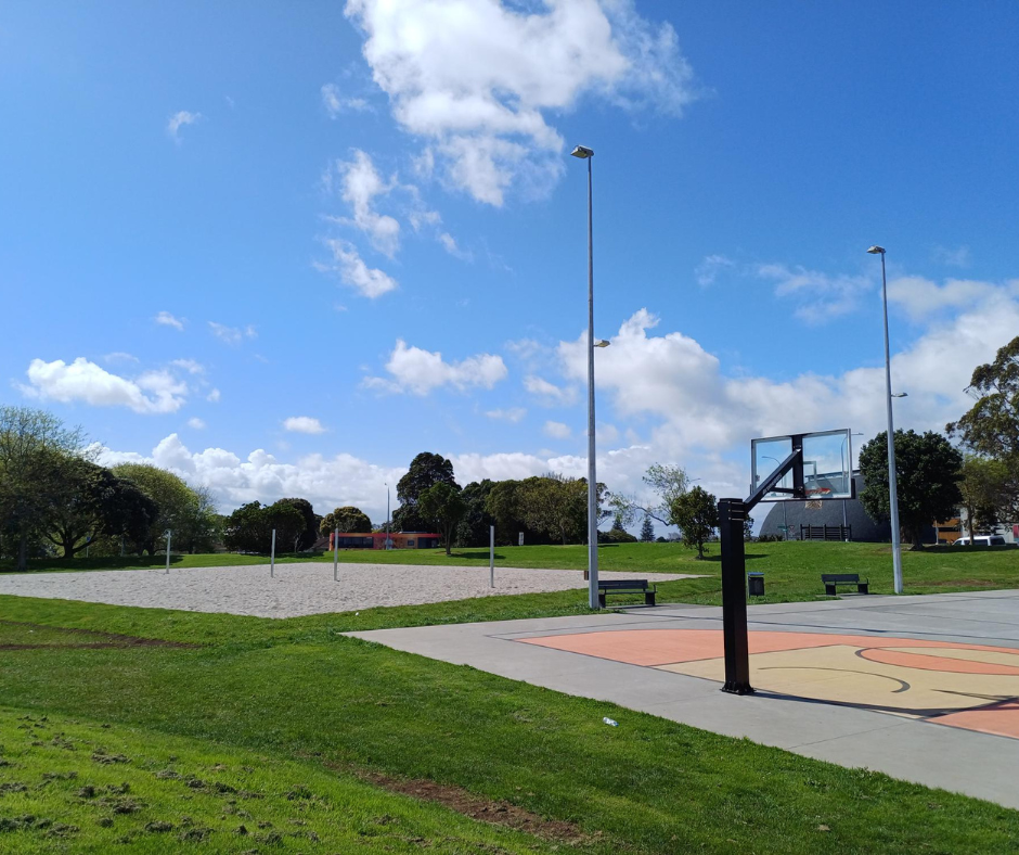 A community basketball hoop. 