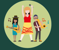 graphic illustration of 2 people playing musical instruments and a person dancing.