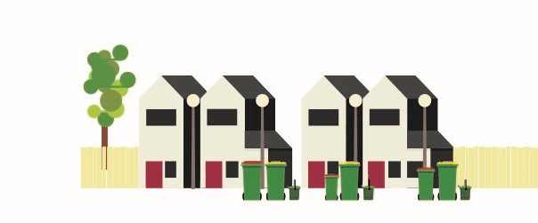 Graphic illustration of a row of townhouses, with recycling and rubbish bins in front of the houses. 