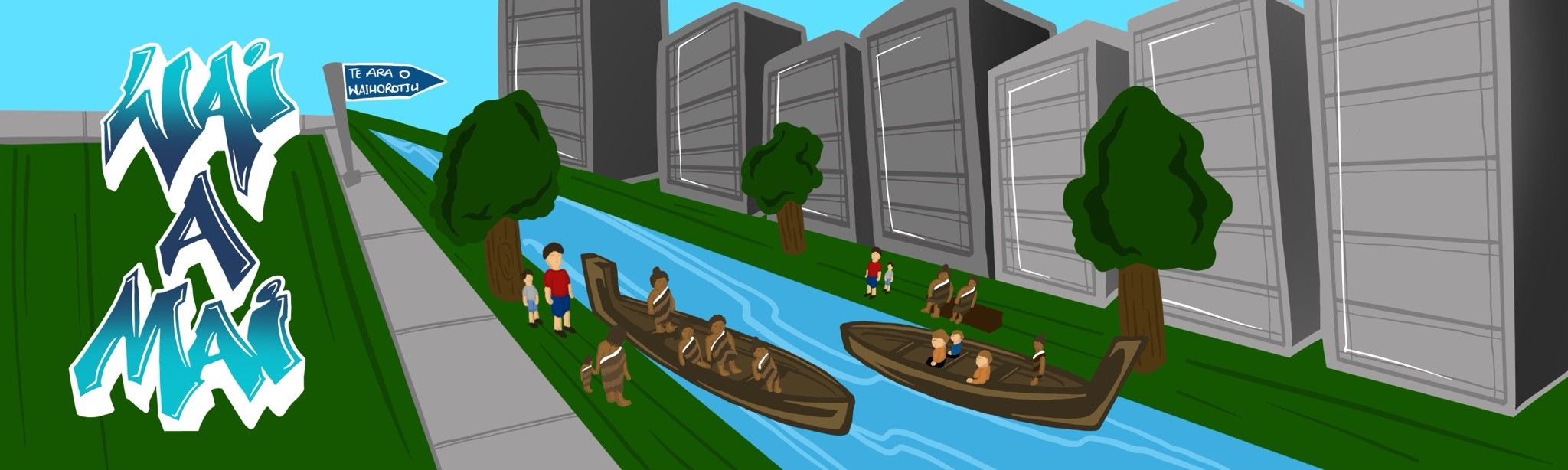 Tile of waka being paddled down the Waihorotiu stream with city buildings surrounding it. 