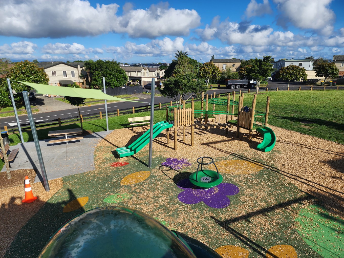 An aerial view of a community playground. 