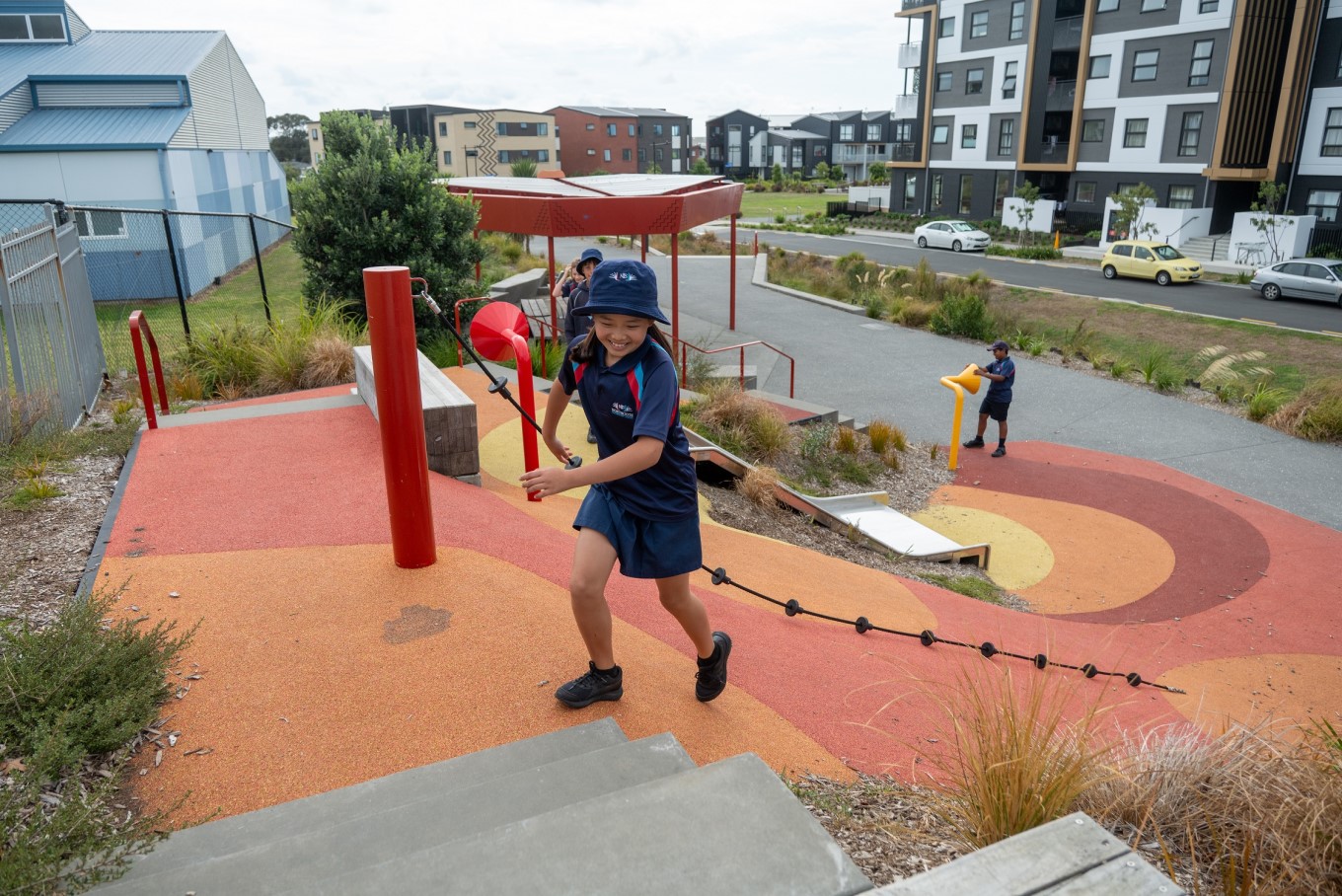 Northcote Intermediate students playing at a community playground. 