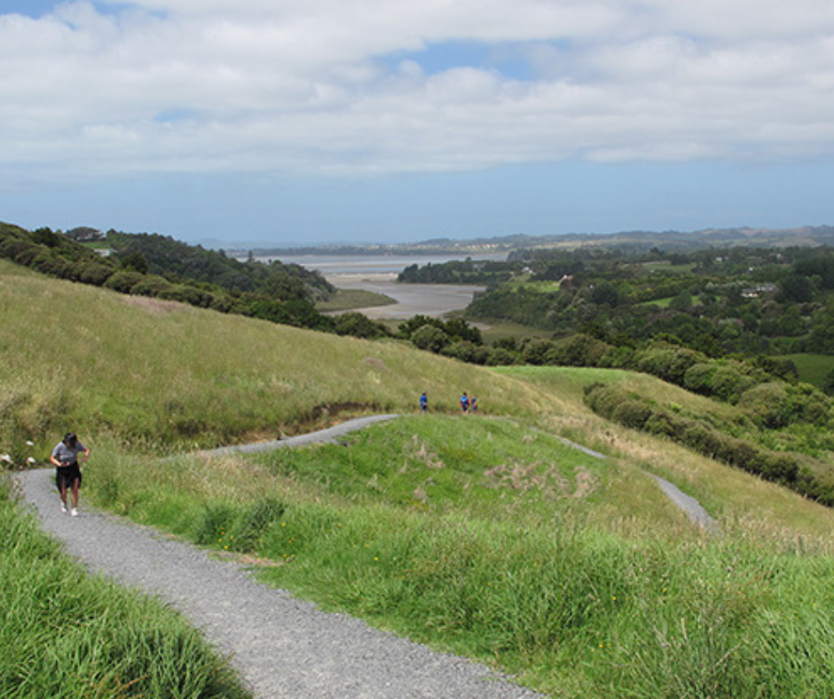 People jogging up a mountain path. 