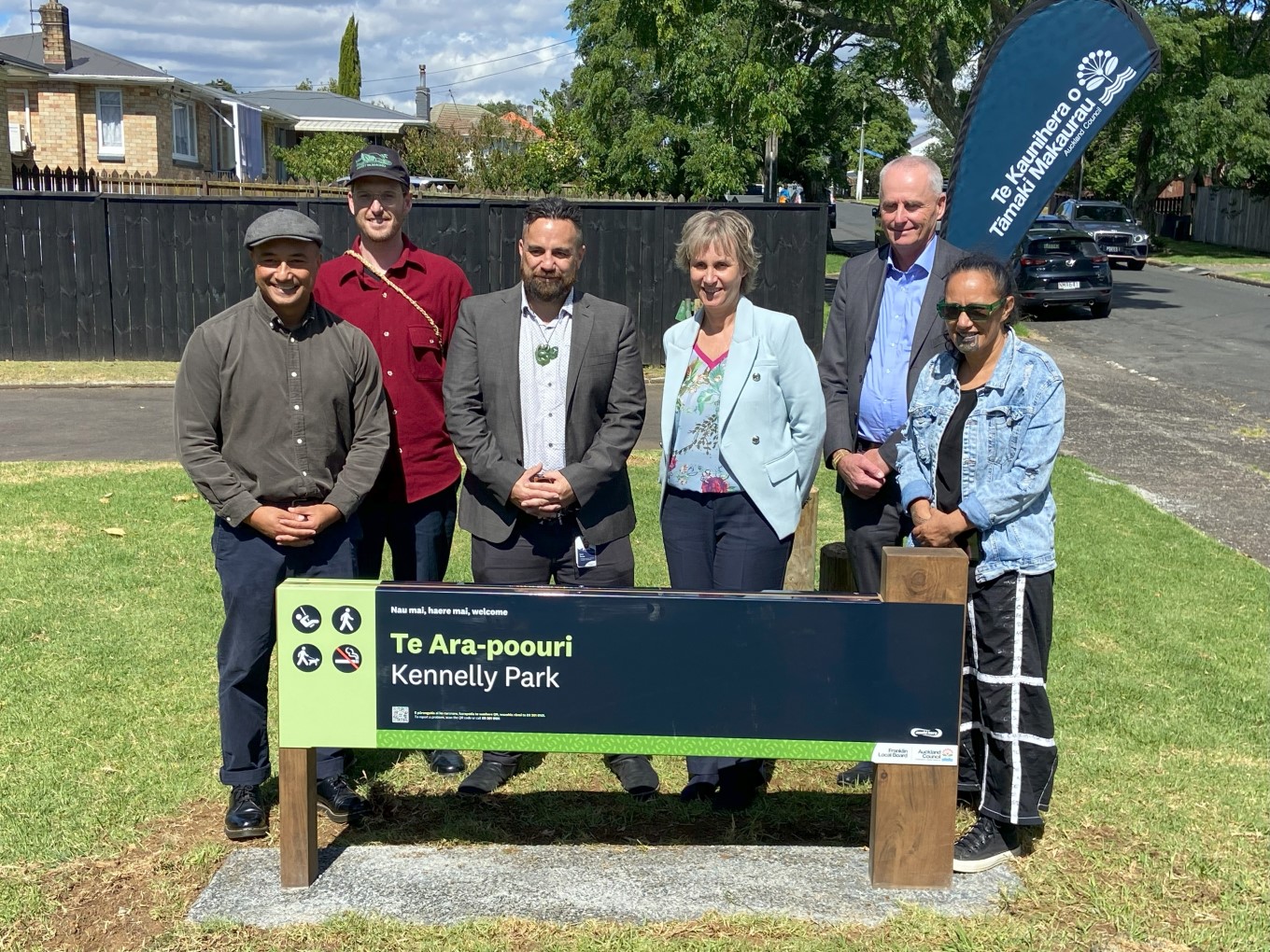 Members of the local board and community members come for the Te Ara Poouri park name ceremony. 