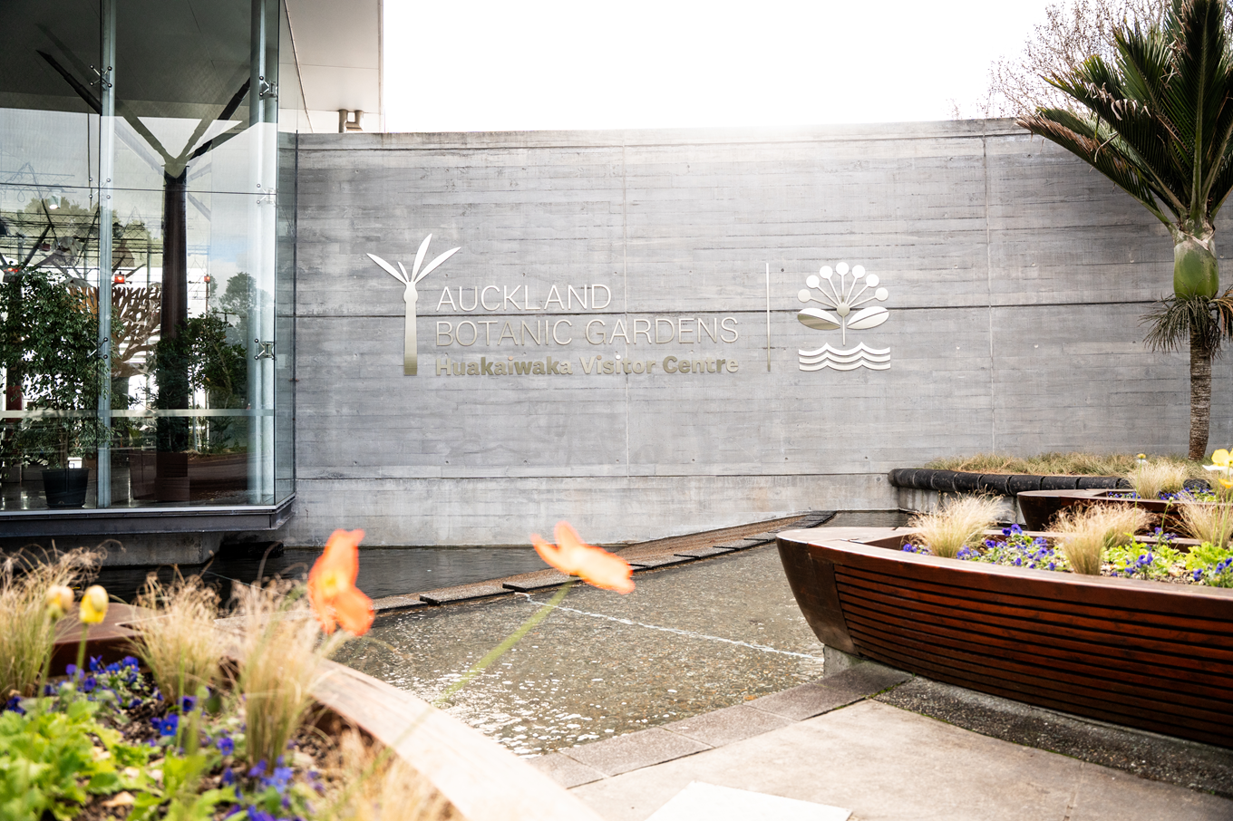 The logo for the Auckland Botanic Gardens, in a courtyard area. 