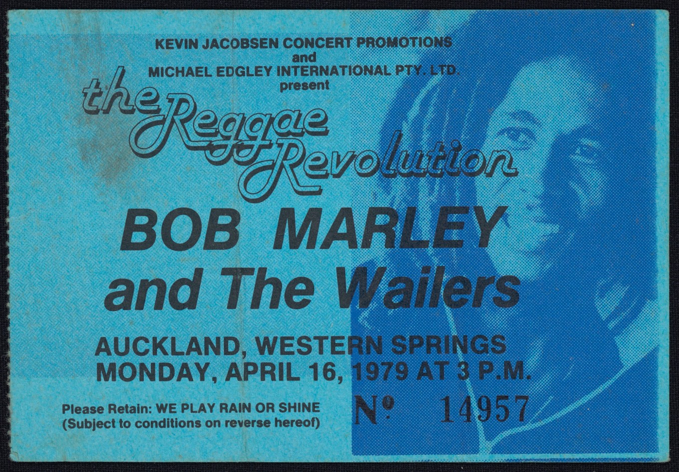 A ticket to a Bob Marley concert in the 1970s.