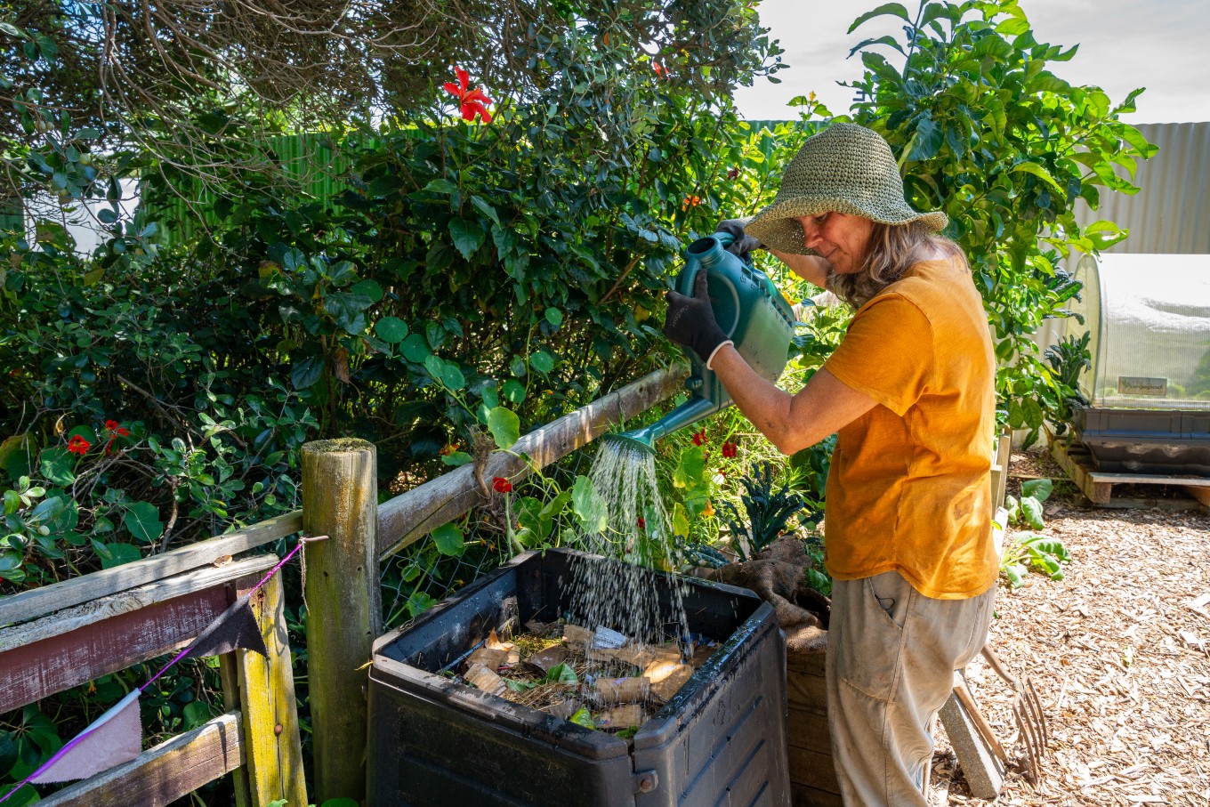 A lady watering her garden.