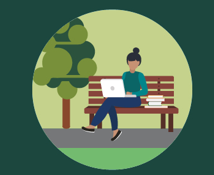 graphic illustration of a person sitting on a park bench with a laptop.