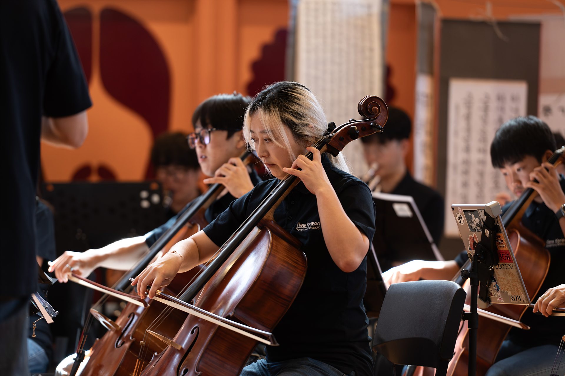People playing string instruments in the orchestra. 