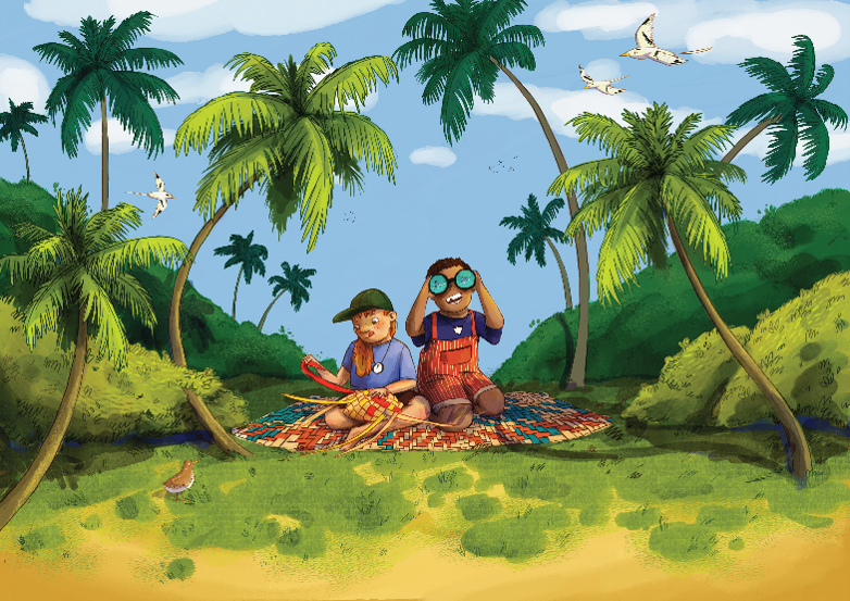 A cartoon of two boys on a mat at a beach. 