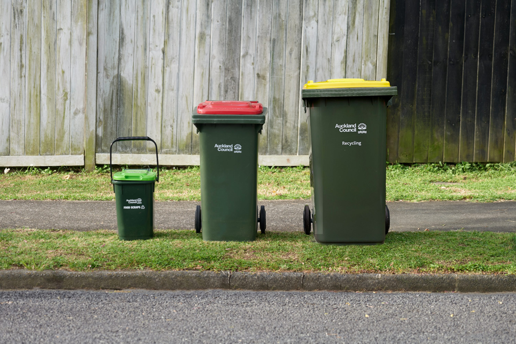 Auckland Council bins on the kerbside