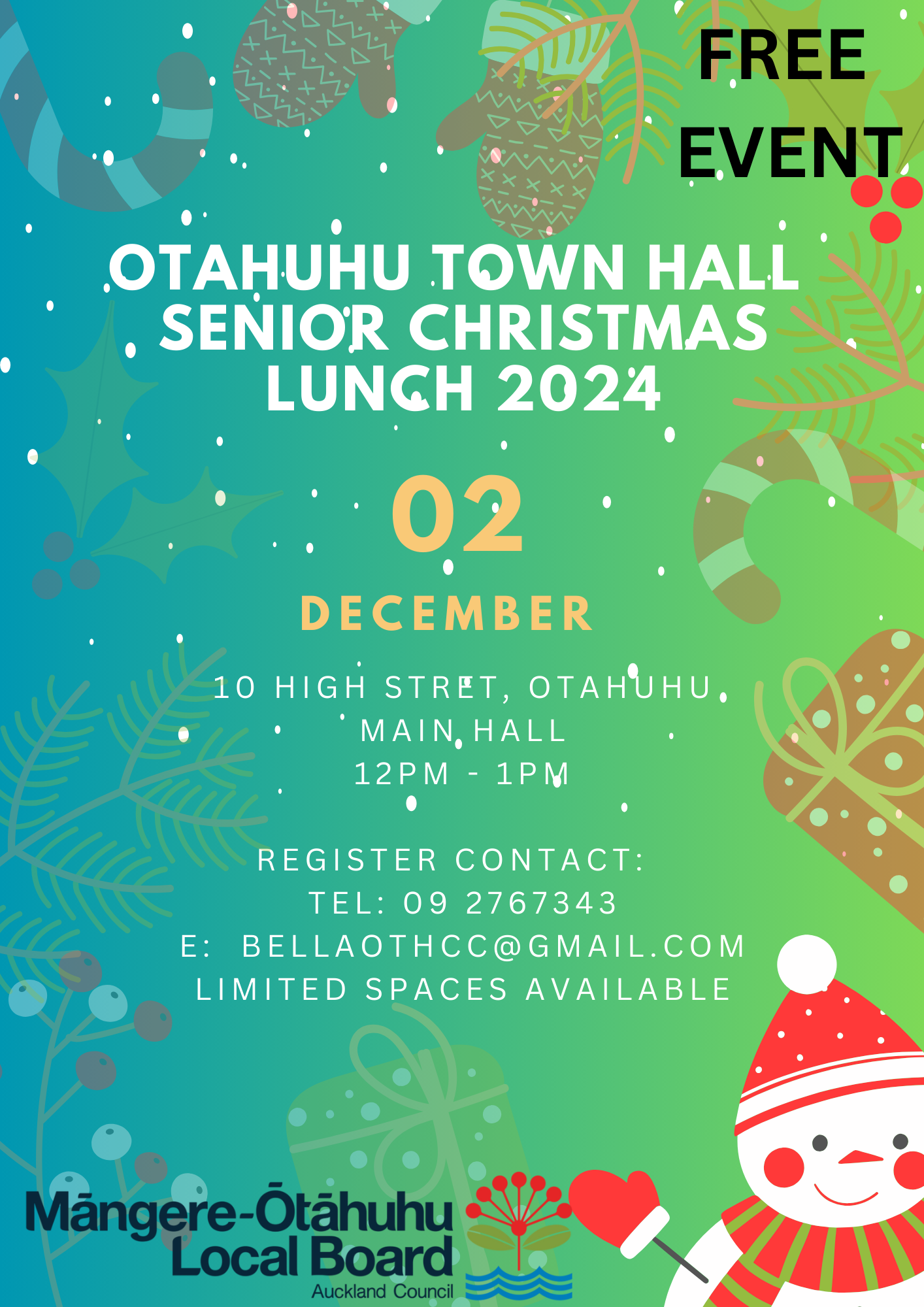 Otahuhu Senior Christmas Lunch event poster. 
