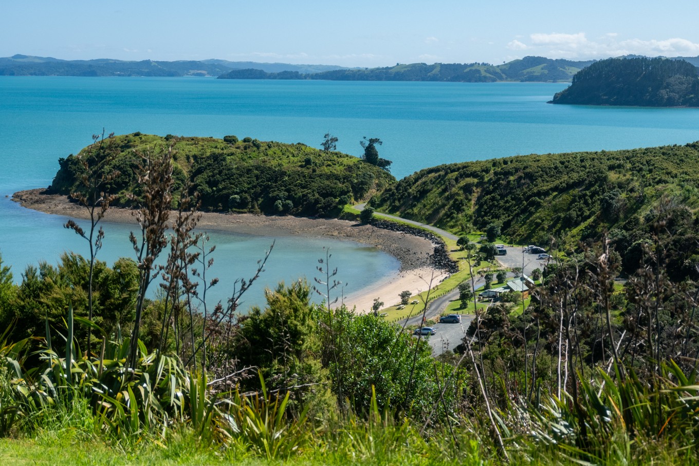 A mountainside beach view.