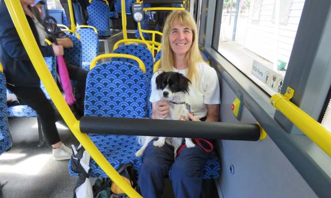 Cr Casey with Suzie on Waiheke electric bus