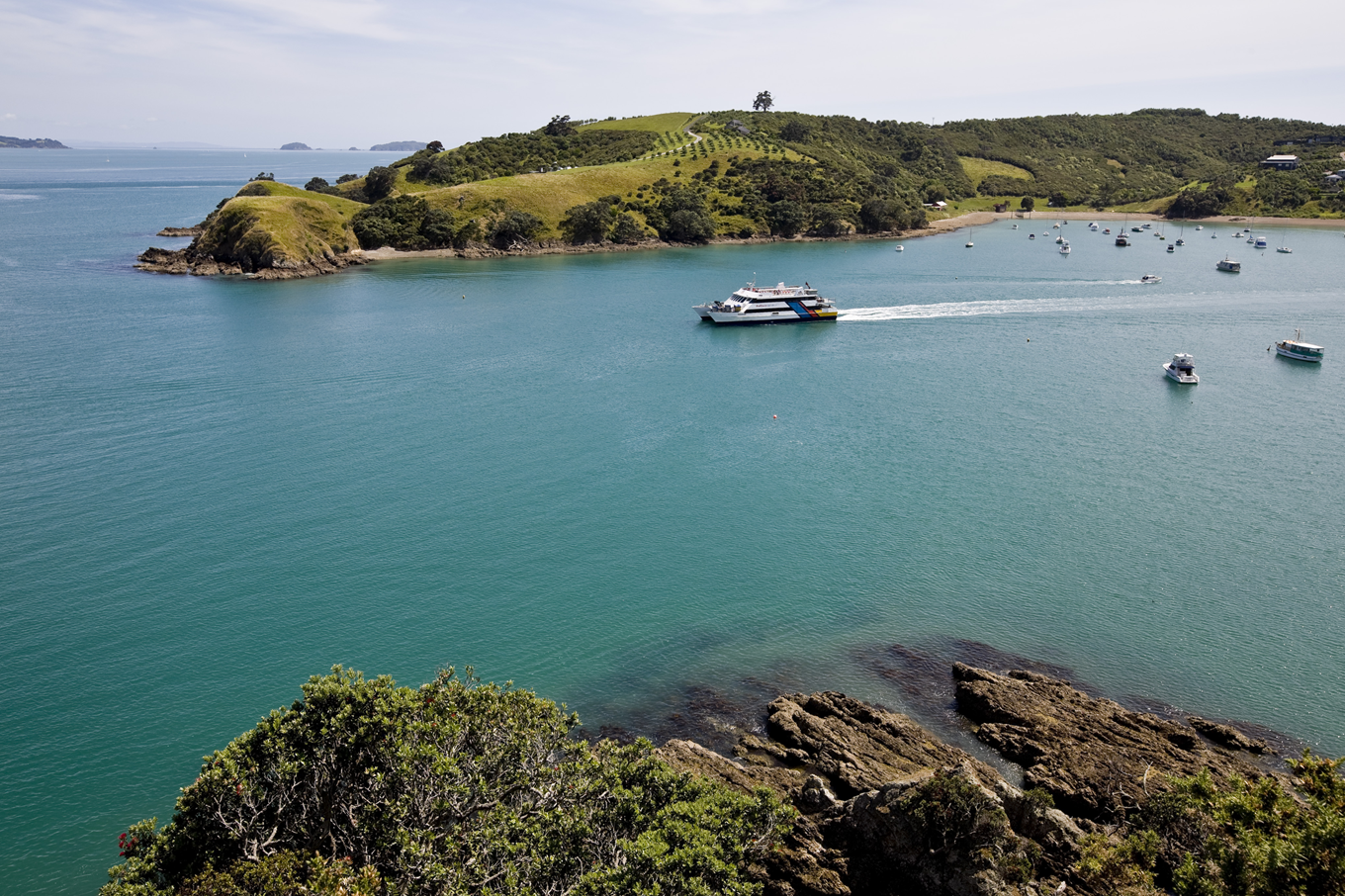 A ferry going across the water. 