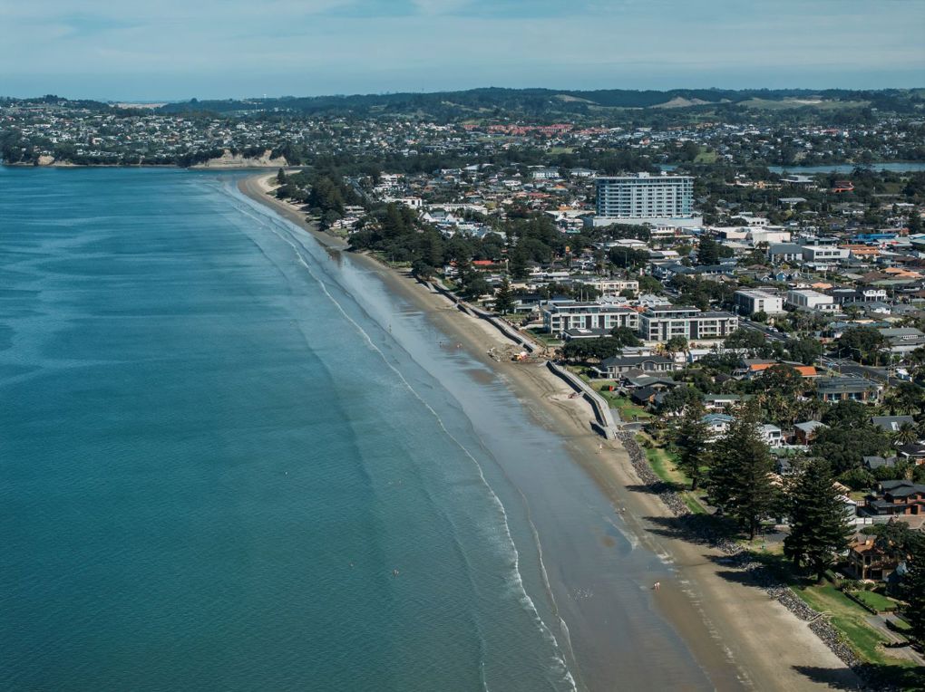An aerial shot of Orewa Beach