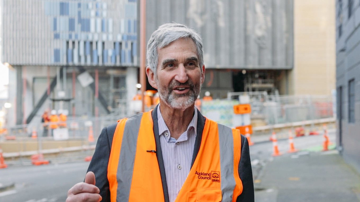 Barry Potter outside of the construction site for Karangahape Station. 