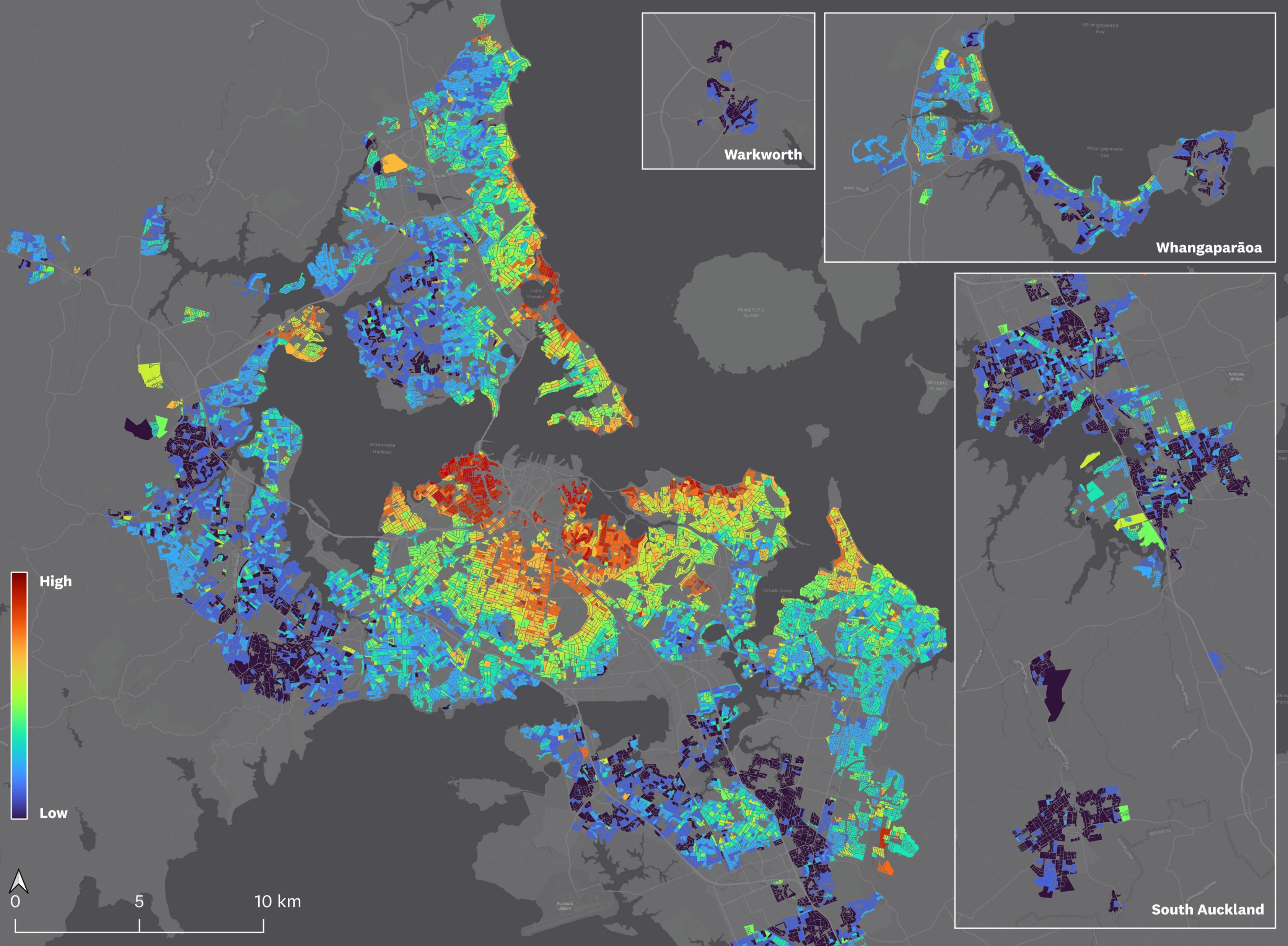 Map showing that land values are highest close to the city centre and within the central isthmus 
