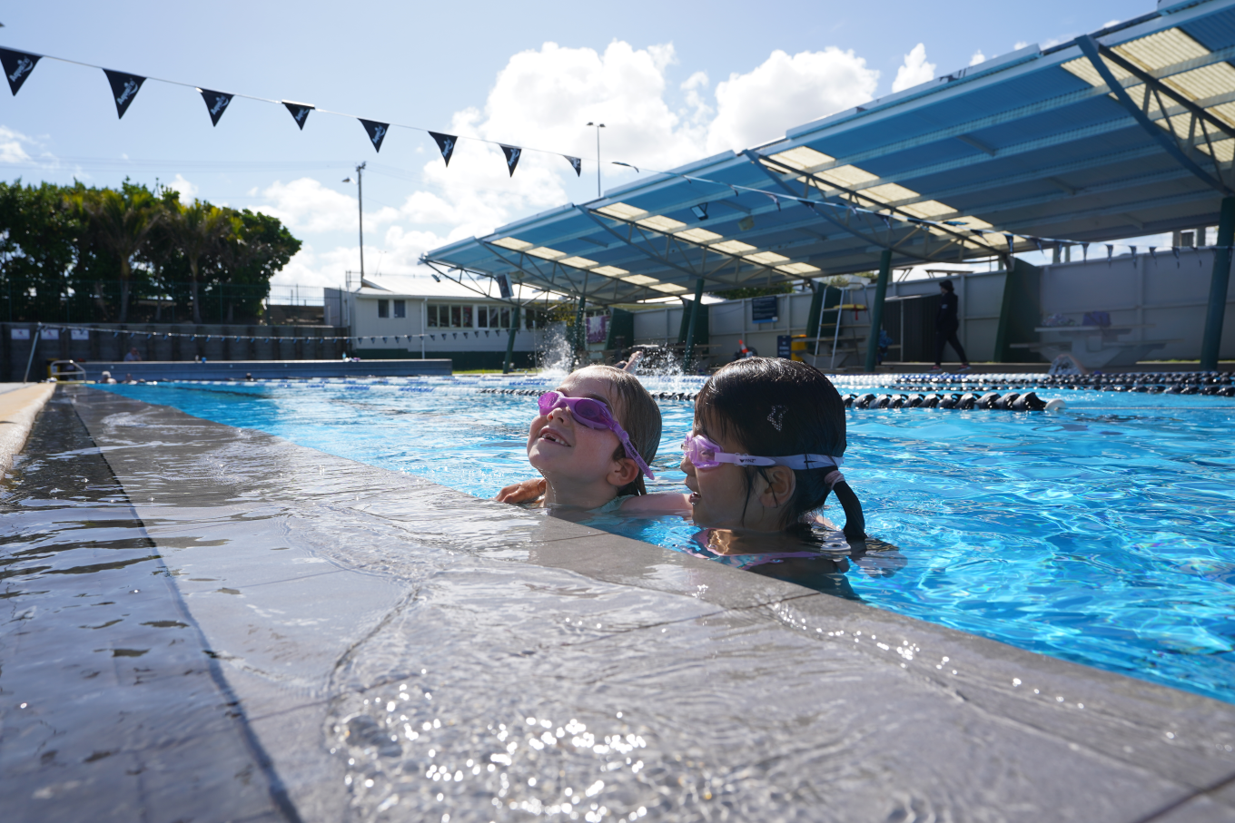 Birkenhead Pools, two girls swimming in the pool. 