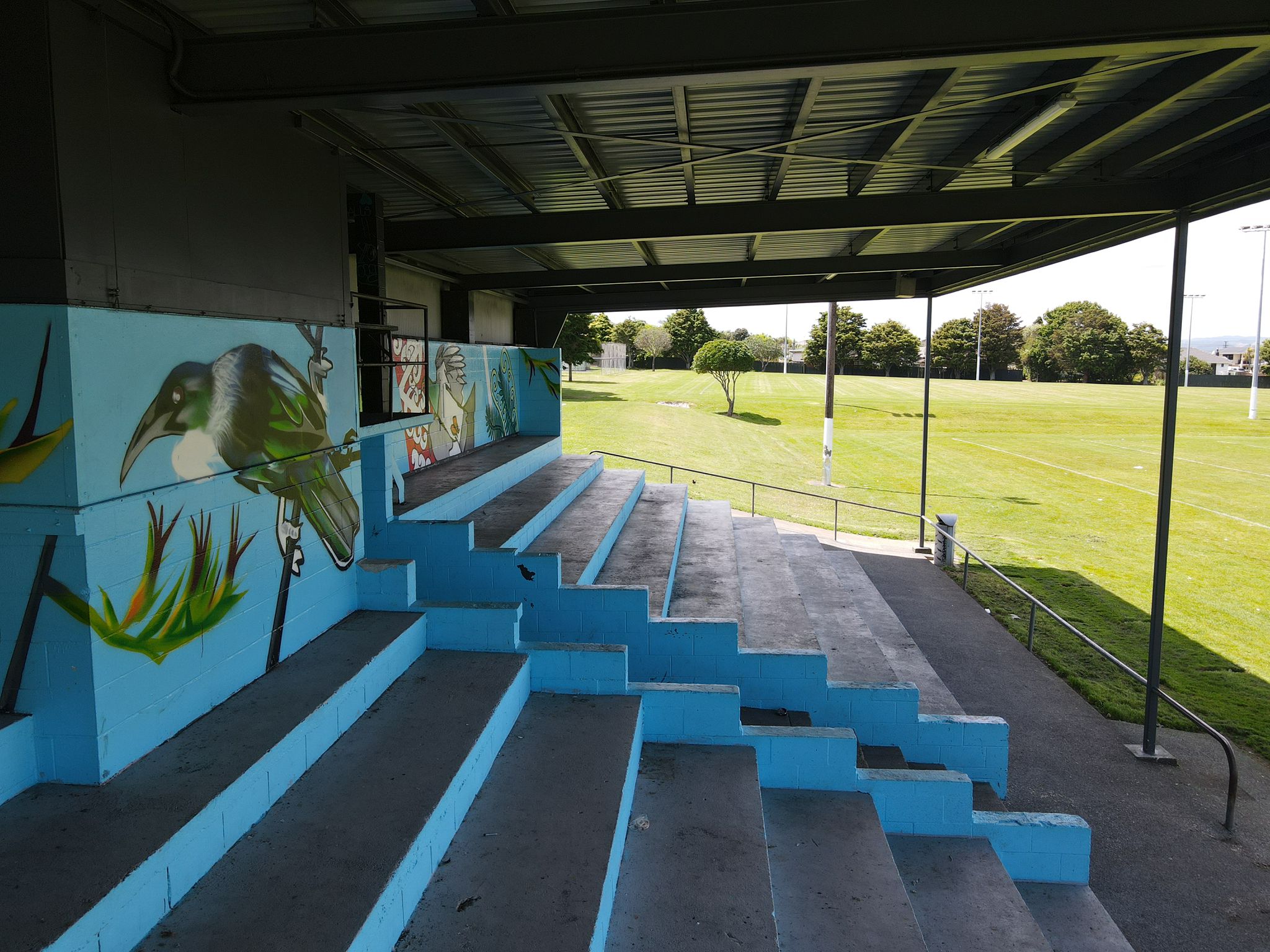 Gallaher park grandstand's new roof from the ground level.