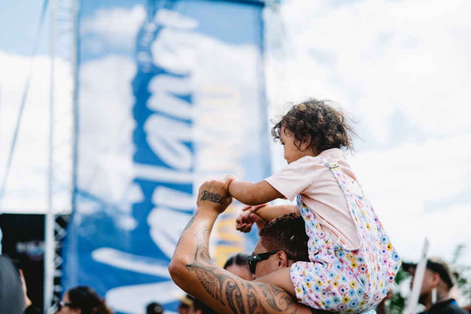 A man with a child on his shoulders. 
