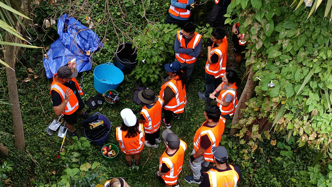 People in high-vis vests and sun hats gathering around in the bush being briefed.