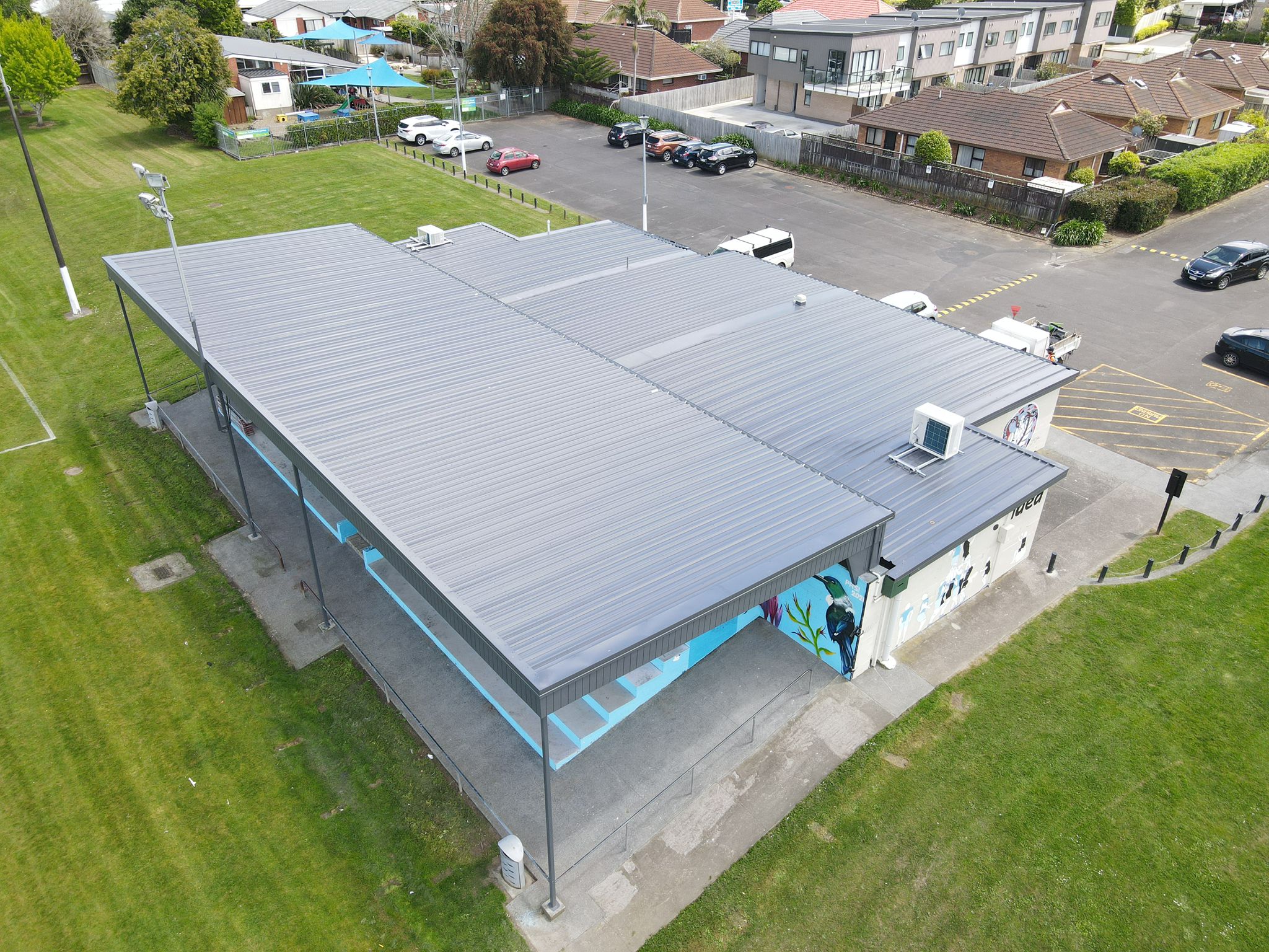 Gallaher Park grandstand's shiny new roof.