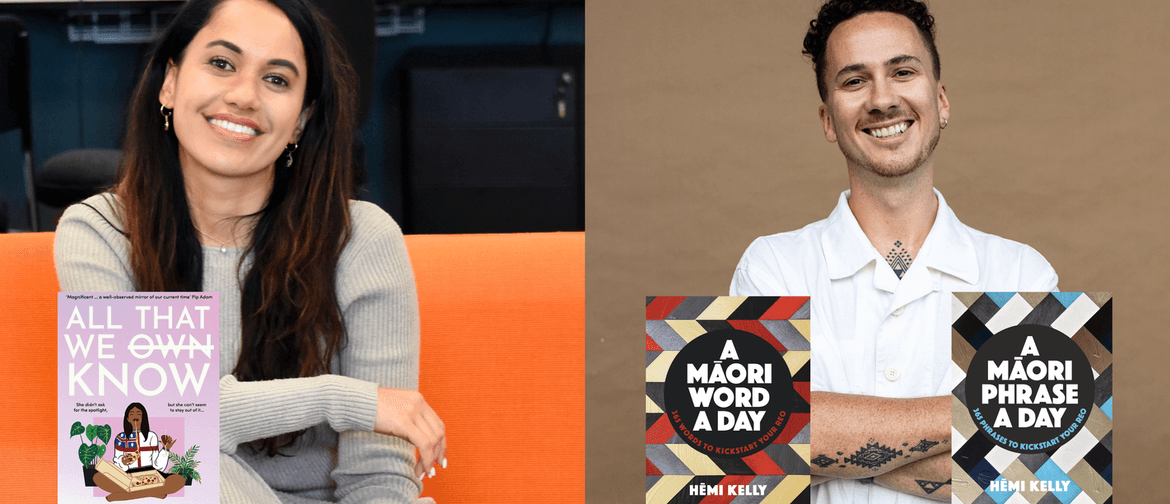 A photo of author Shilo Kino with her book ‘All That We Know’ and author Hēmi Kelly with his books ‘A Māori Word a Day’ and ‘A Māori Phrase a Day.’ 