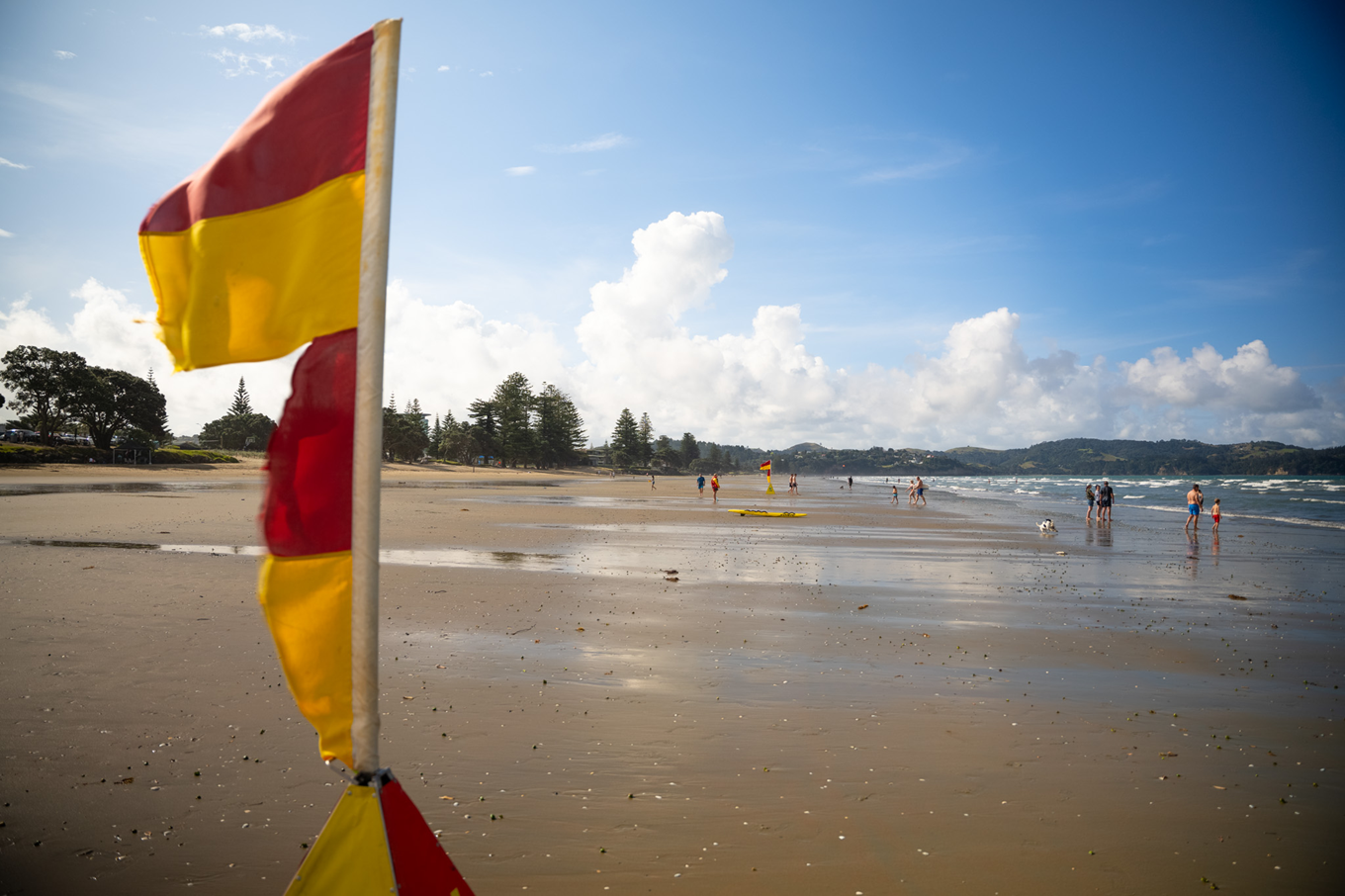A lifeguard flag on a beach.