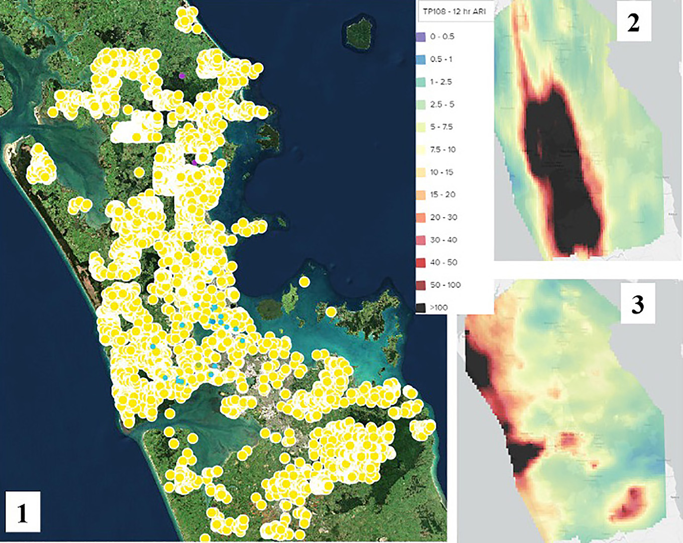 Map of Auckland showing previous landslides, alongside rainfall intensity graphs.