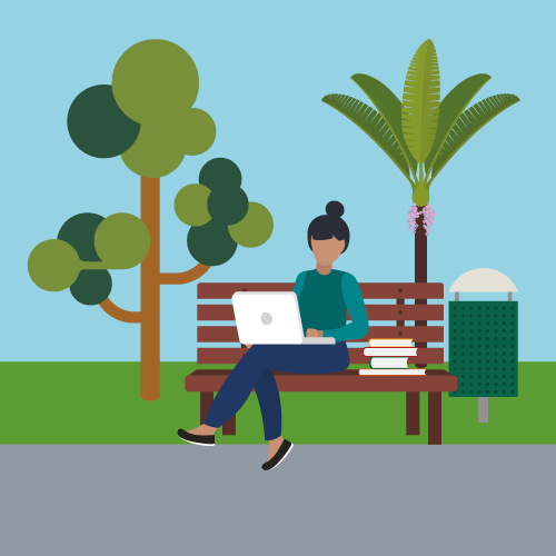 Cartoon lady on a laptop in a park. 