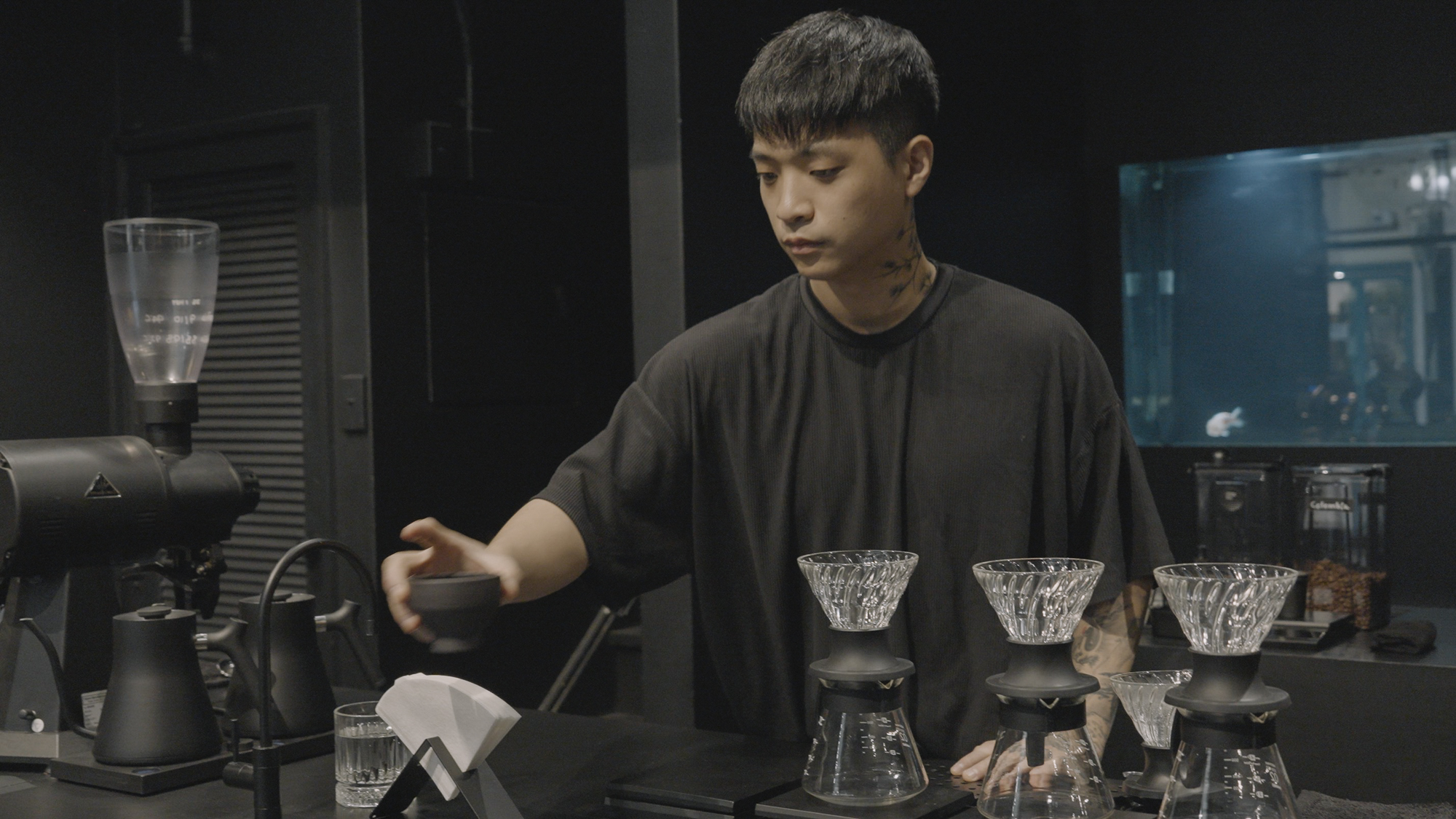 Blues Slim creating his coffee blends at Slow Koi. 