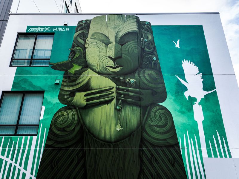 Heitiki mural on apartment building. 