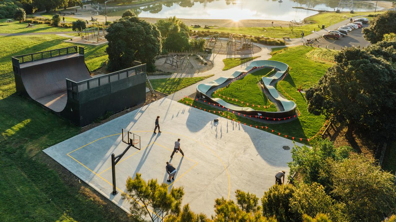 Onehunga Bay Reserve playground and sporting area. 