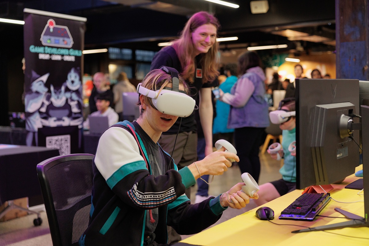 A person playing virtual reality led video games. 