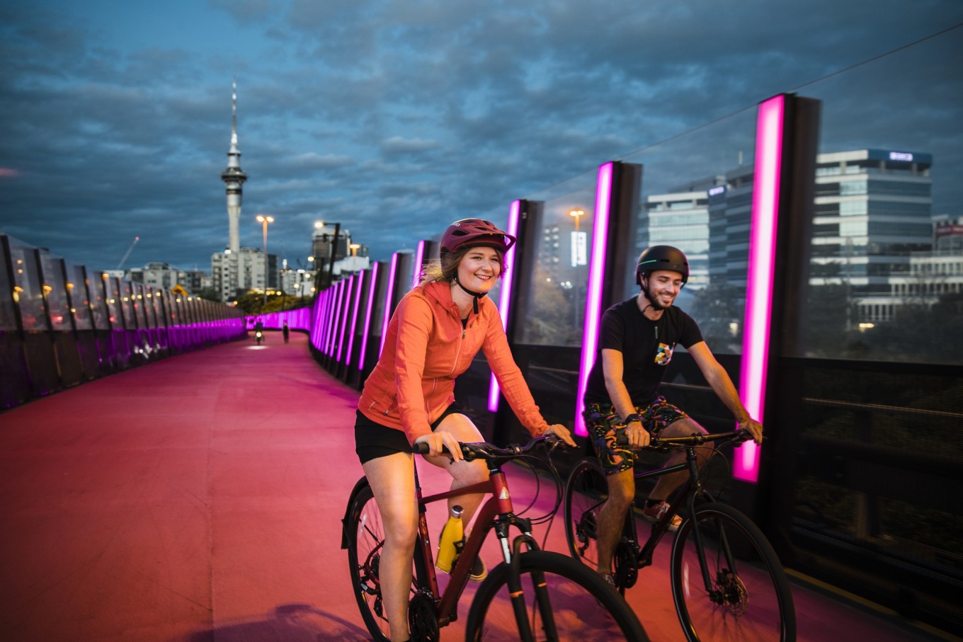 Cyclists on a light path. 