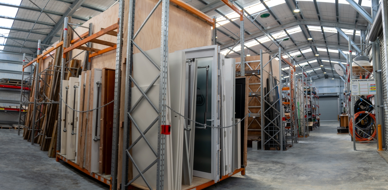 A warehouse of old doors and windows. 