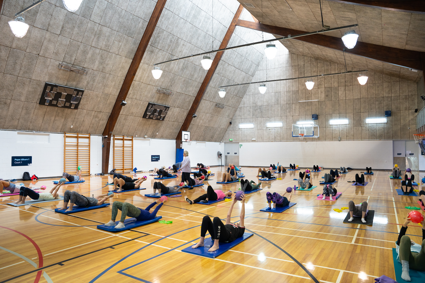 A community yoga class. 