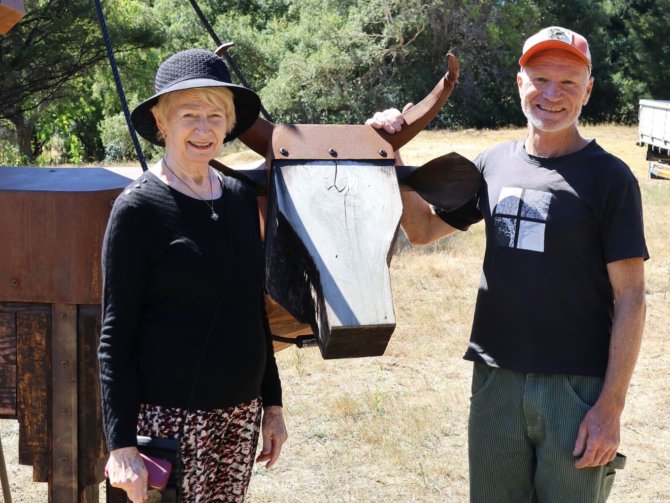 Rosemary Platt with artist Jamie Pickernell and his artwork Moo.