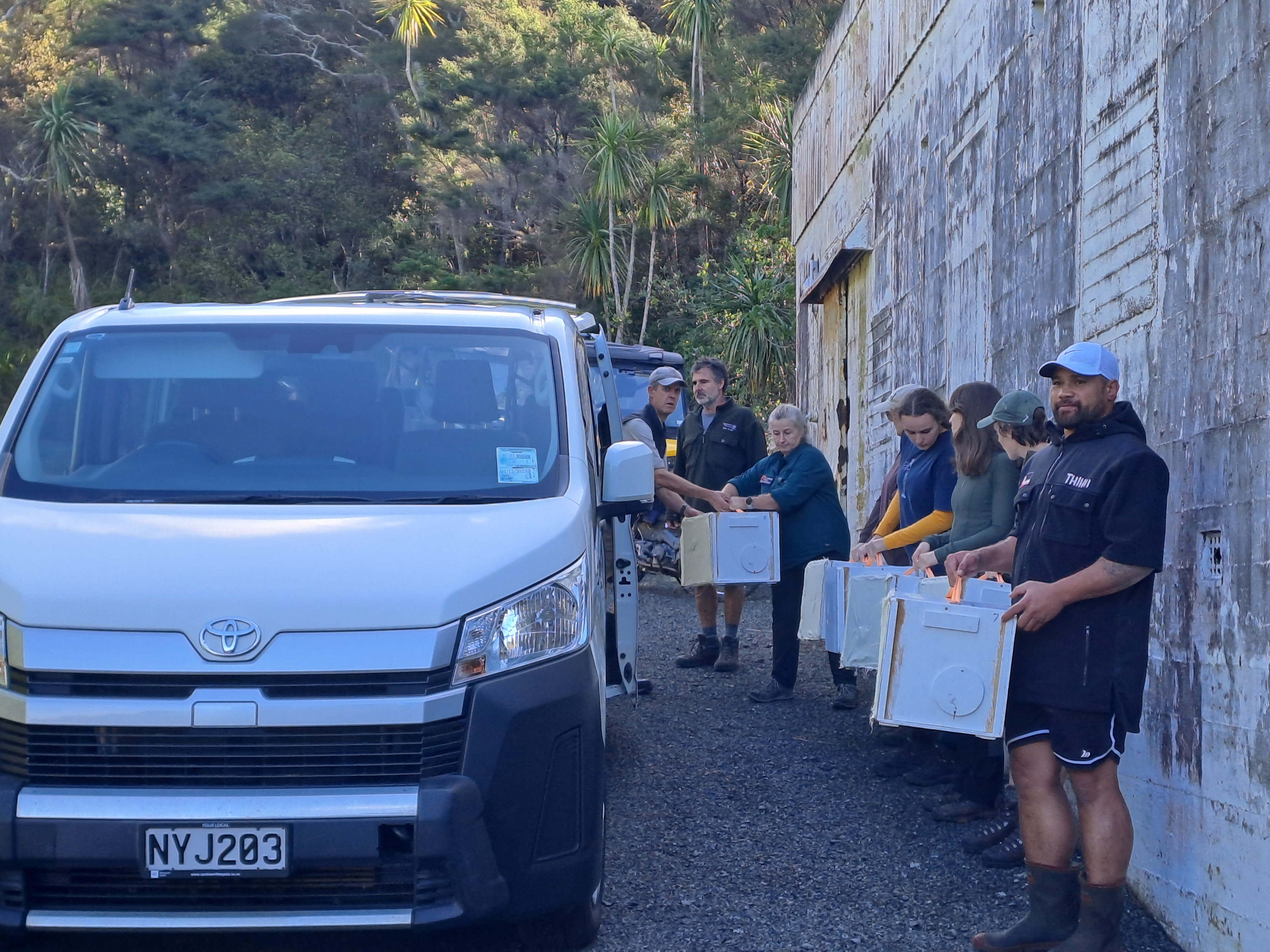 Unloading birds at Shakespeare Park.