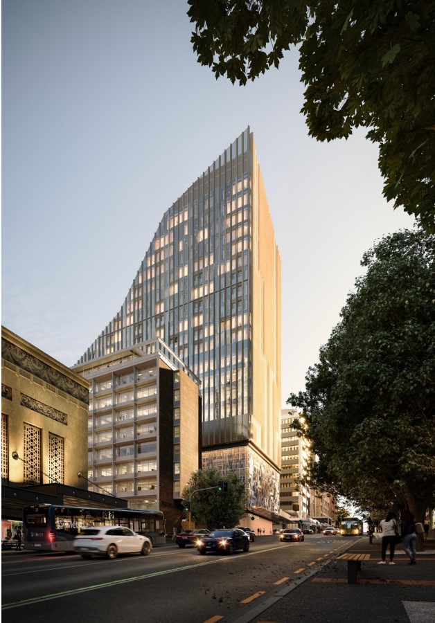 Looking up at The Symphony Centre from Wellesley Street with the road in the foreground.